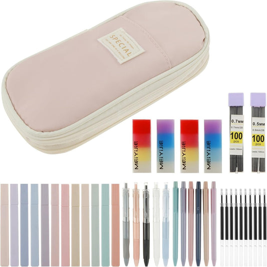 40Pcs Stationery Supplies Set, Multi-Purpose Pencil Case Includes Large Capacity Pen Pouch Bag, Mechanical Pencil, Lead Refill, Gel Ink Pen, Scissors, Ruler, Sharpener for School Supplies (Pink)