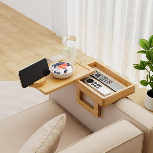Wealone Mini Couch Arm Table for Narrow Armrest, Bamboo Sofa Arm Tray with Storage Box, Rotating Tabletop & Phone Stand, Adjustable Sofa Arm Table Clip for Snacks or Dining, Width of Armrest 1-7 Inch