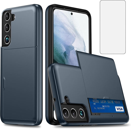 Asuwish Phone Case for Samsung Galaxy S22 5G with Tempered Glass Screen Protector and Credit Card Holder Wallet Cover Hard Hybrid Cell Accessories Gaxaly S 22 22S G5 Women Men Mobile Slot NavyBlue