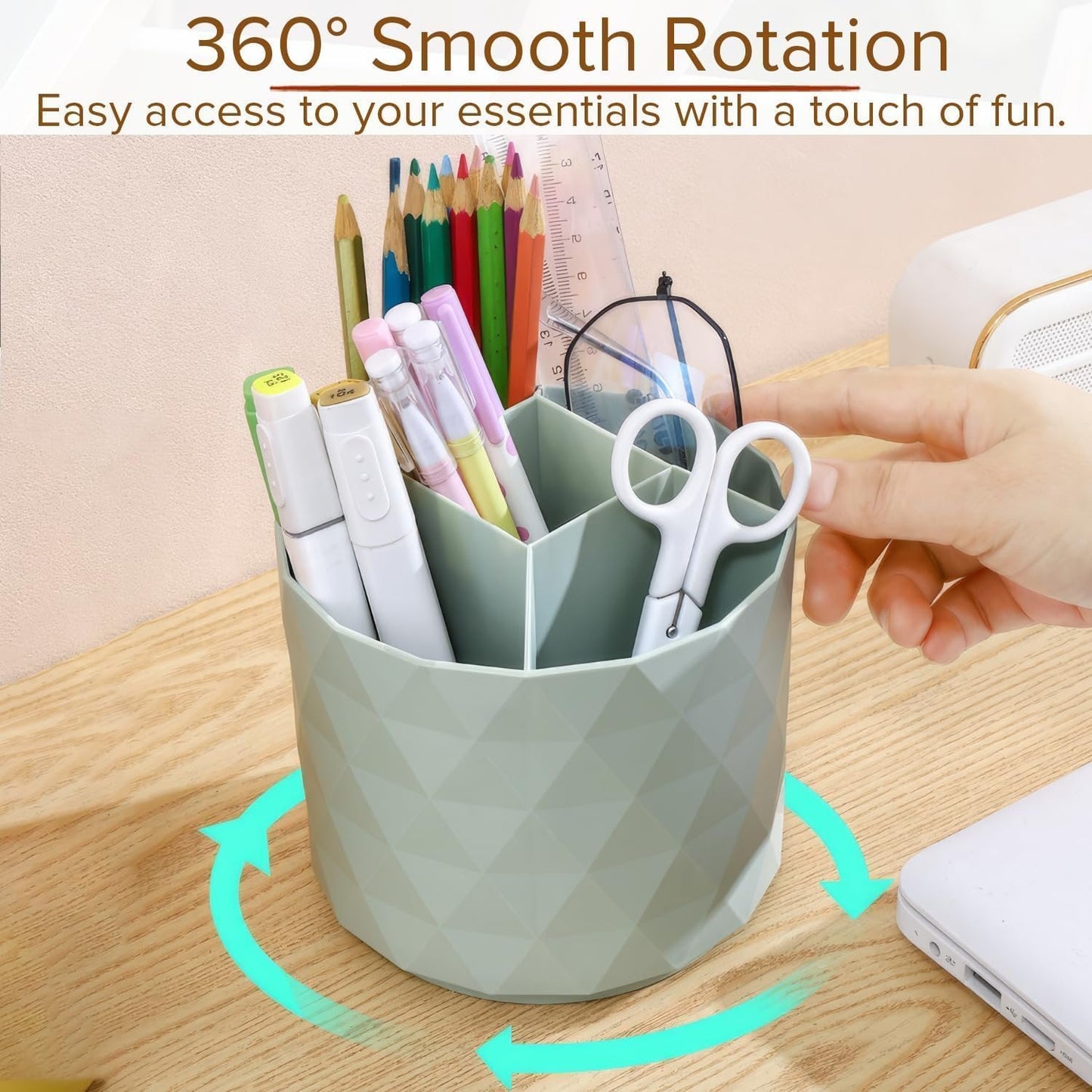 SAHENITEANA Desk Organizer, 360° Rotation Pen Holder 5 Slots Desk Pen Organizer for Office, School, Home, Art Supply, Cute Desktop Supplies & Accessories (Green)