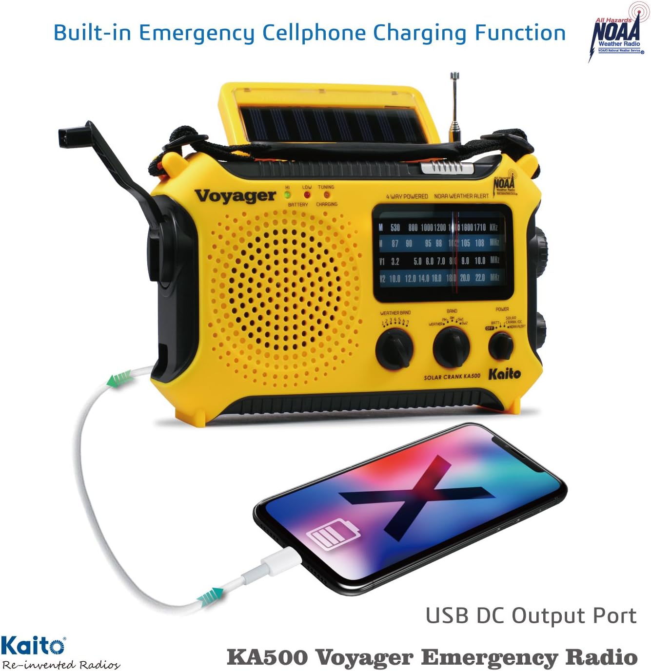 Kaito KA500 5-Way Powered Solar Power,Dynamo Crank, Wind Up Emergency AM/FM/SW/NOAA Weather Alert Radio with Flashlight,Reading Lamp and Cellphone Charger, Yellow