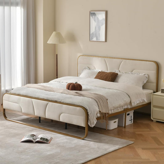 VELOCAVA Full Size Round Metal Bed with Headboard, Upholstered Boho Bed, Soft Velvet Platform Bed, Metal Base and Wooden Slats Support, No Box Spring Needed, Easy Assembly, Gold and Cream