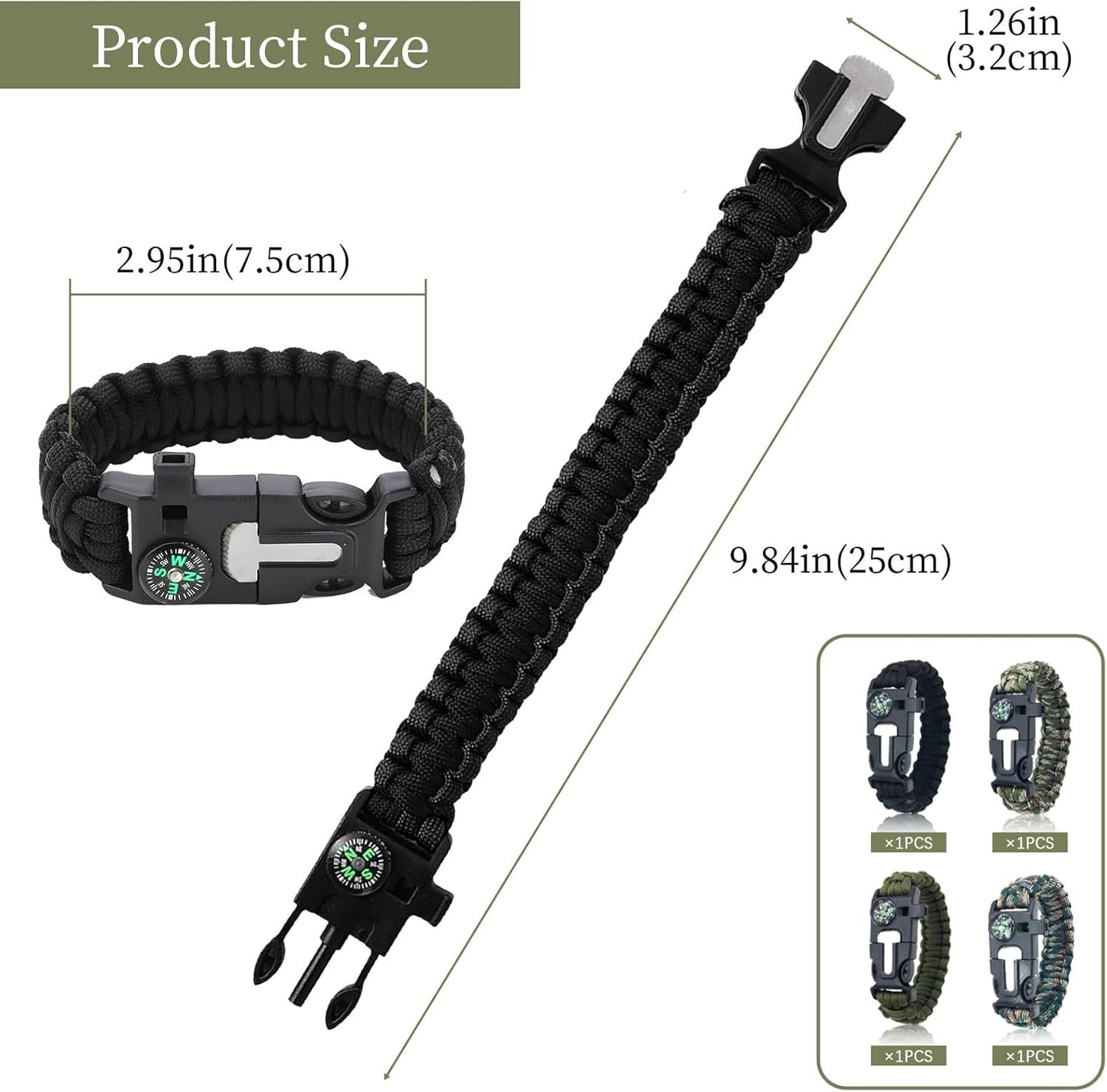 SURVIVAL_KIT Survival Bracelets 4-Pack | 5-in-1 Paracord Bracelet Set with Fire Starter, Compass & Whistle | Emergency Outdoor Gear for Camping, Hiking