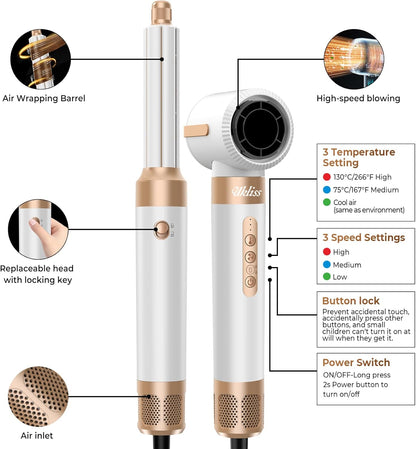 Hair Dryer Brush 7 in 1，110000 RPM Hot Air Brush Hair Styler for Curly Straight & Twisted Hair Professional Ionic Brush Blow Dryer for Salon-Quality Styling, White Gold