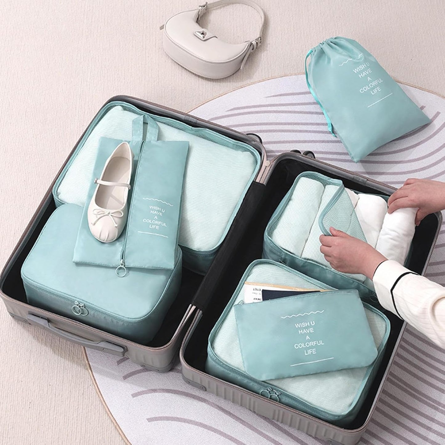 Travel Storage Bag, Suitcase Organizer Set, Seven-Piece Packing Cubes, Lightweight Durable Design, Space-Saving Luggage Holder, Efficient Travel and Outdoor Accessory