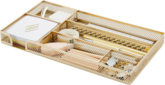 Annova Desk Drawer Organizer Tray for Office Organization - Metal Mesh - Storage Tray with Dividers for Pens, Desktop Accessories, Bathroom, Kitchen, Makeup and Office Supplies (Gold)