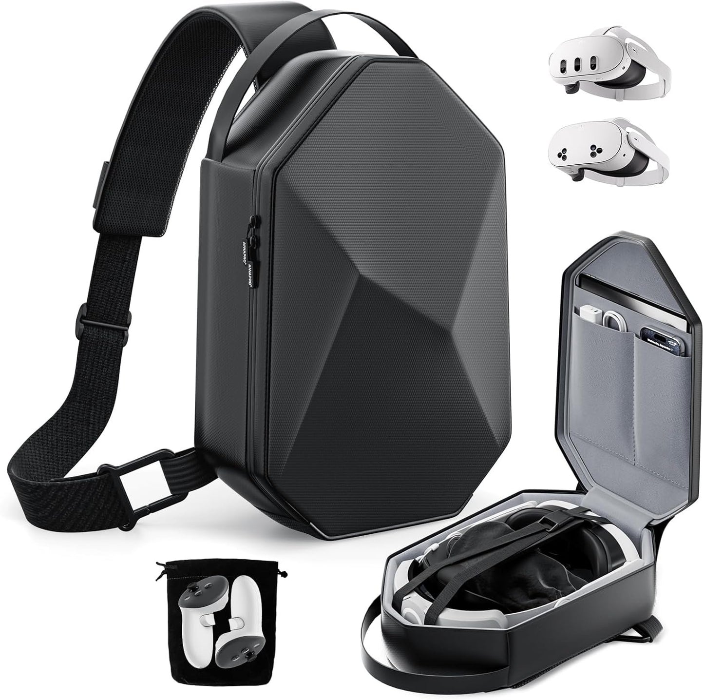 ANNAPRO Carrying Case for Meta Quest 3/Quest 3S/Quest 2/Vision Pro, Hard Travel Case Compatible with Kiwi Design/BOBOVR Elite Battery Strap and Controllers Accessories, Crossbody Shoulder Backpack