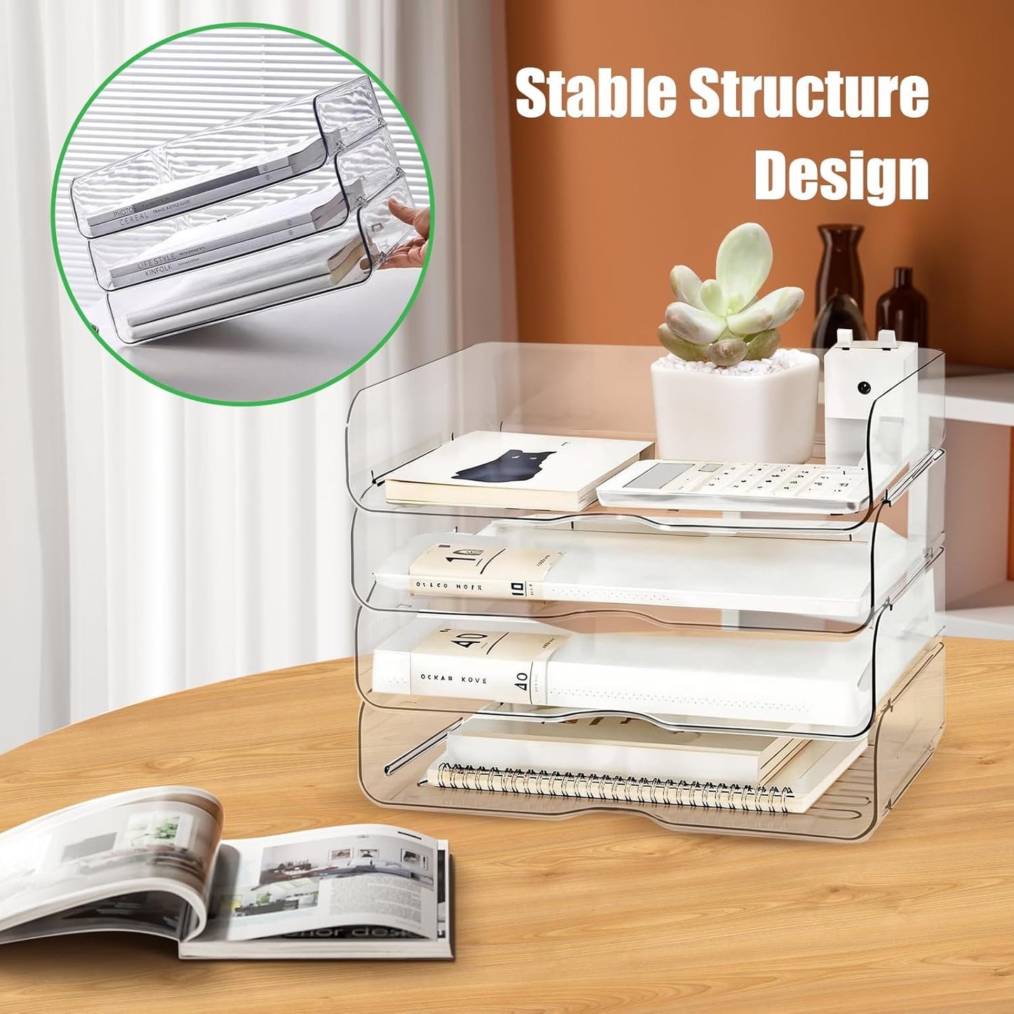YIQXKOUY 4 Tier Acrylic Desk Organizer 12.7 x 9.8 x 5.5 Inch Acrylic Desk Organizer Tray Stackable Document Clear Desk Accessories for Office Document Workspace Desktop
