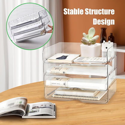 YIQXKOUY 4 Tier Acrylic Desk Organizer 12.7 x 9.8 x 5.5 Inch Acrylic Desk Organizer Tray Stackable Document Clear Desk Accessories for Office Document Workspace Desktop