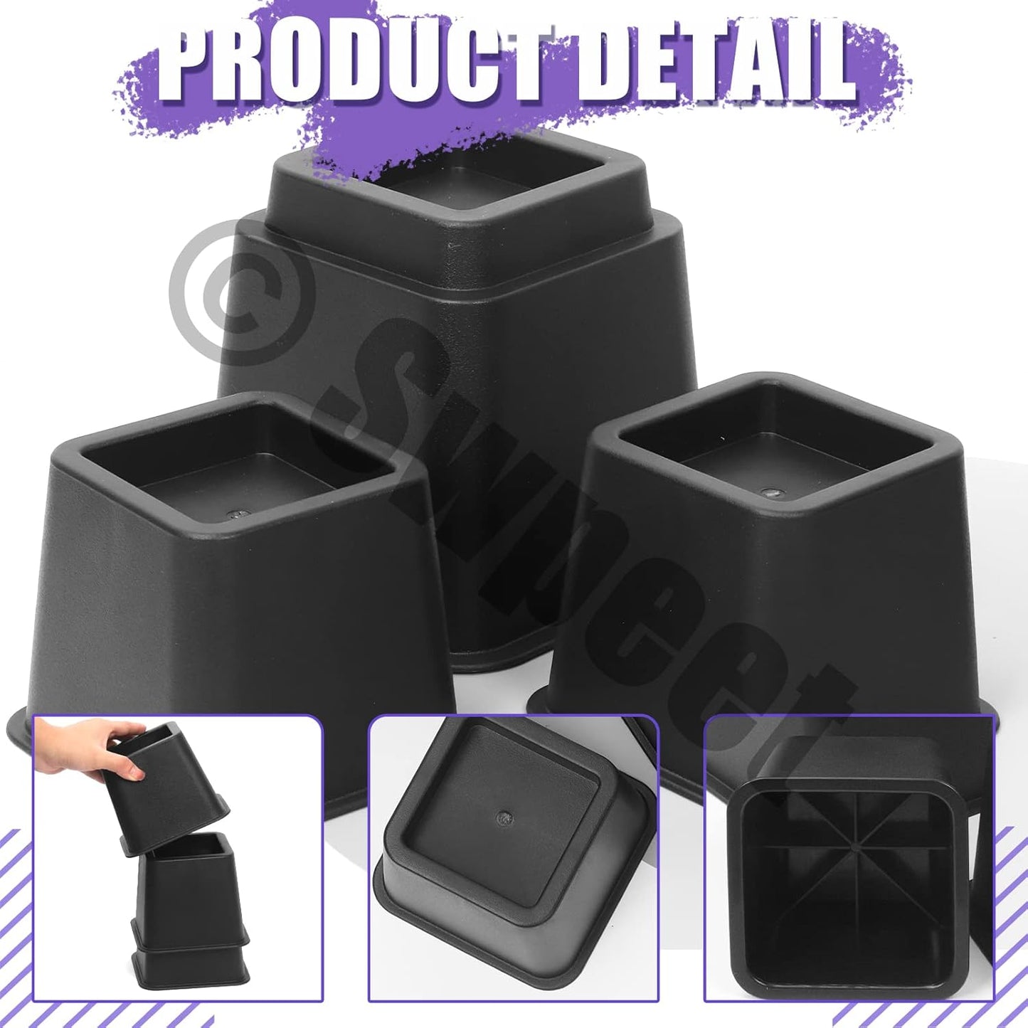 Swpeet 8Pcs Adjustable Bed Risers, Black Stackable Bed Frame Risers, 4 Large and 4 Small Bed Height Risers, Elevation in Heights 3, 5 or 8 Inch, Heavy-Duty Furniture Riser for Table, Couch and Chair