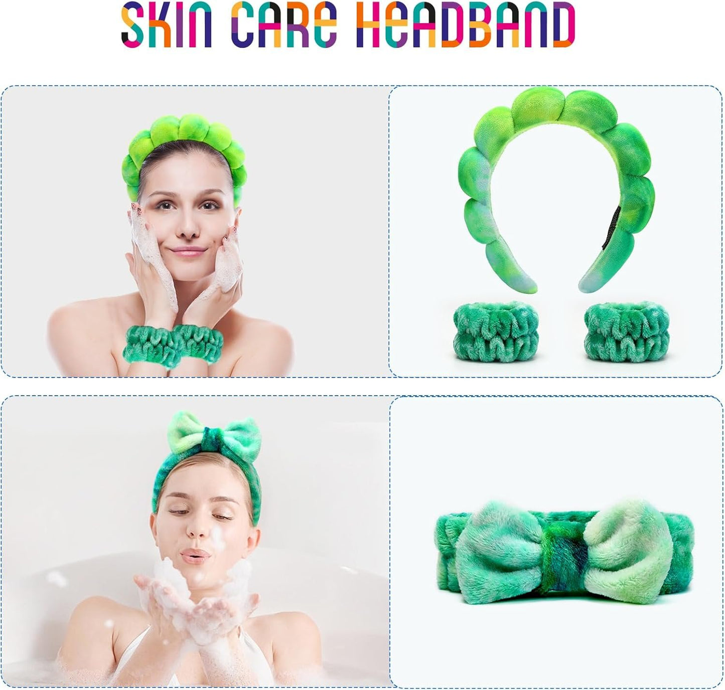 Hroevc 4PCS Tie-Dye Spa Headband and Wristband Set for Face Washing, Puffy Facial Terry Cloth Makeup Face Wash Headband for Women Girls（Tie-Dye 1）