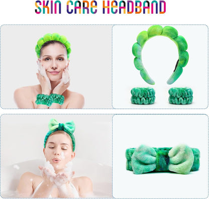 Hroevc 4PCS Tie-Dye Spa Headband and Wristband Set for Face Washing, Puffy Facial Terry Cloth Makeup Face Wash Headband for Women Girls（Tie-Dye 1）