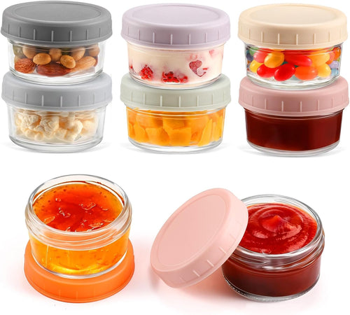 MeCids 8 Pack Glass Jar Food Storage Container set, 2.7oz Salad Dressing Container with Lids, Food Storage Containers, Leak-Proof Reusable for Lunch Box, Microwave & Dishwasher Safe, BPA Free