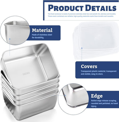 Betinyar 5Pcs Stainless Steel Food Containers with Lids, Reusable Containers For Snacks, Food Storage Containers setsstorage box for Office