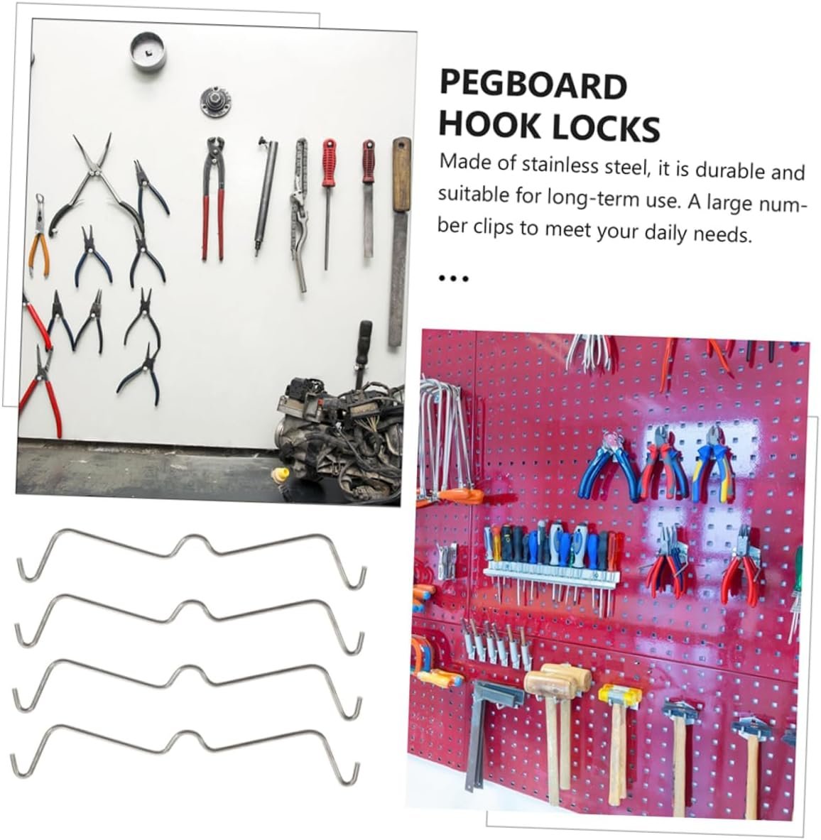 Luxshiny 50Pcs Stainless Steel Pegboard Hook Locks Accessories for Easy Assembly Secure Holding Peg Boards for Garage Workspace Organization