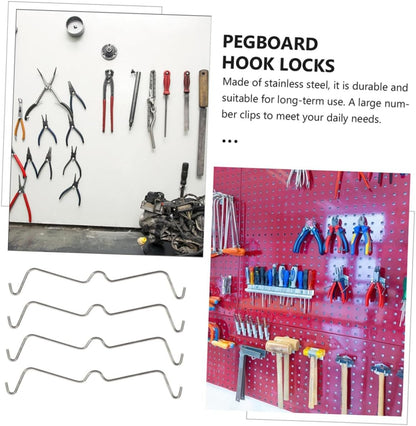 Luxshiny 50Pcs Stainless Steel Pegboard Hook Locks Accessories for Easy Assembly Secure Holding Peg Boards for Garage Workspace Organization