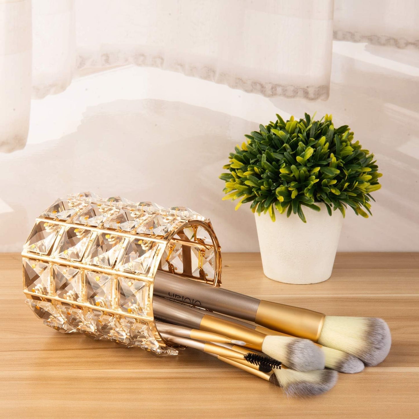 Feyarl Crystal Beads Makeup Brush Holder Pen Pencil Holder Storage Organizer Container (Gold)