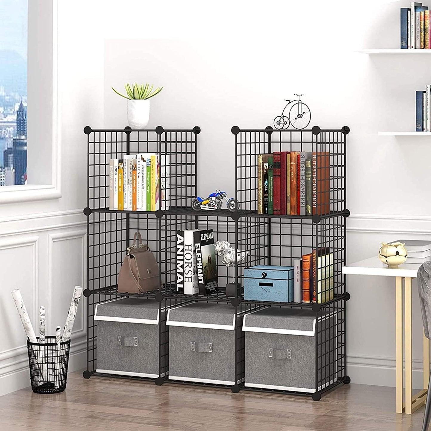 C&AHOME Wire Cube Storage, 9-Cube Storage Organizer, Metal Stackable Storage Bins, Modular Bookshelf, DIY Closet Cabinet Ideal for LivingRoom Bedroom, Home, Office 36.6”L x 12.4”W x 48.4”H Black