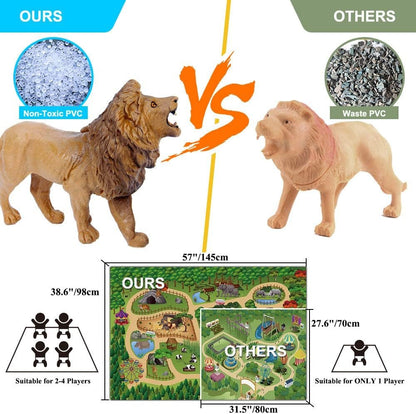 Mini Tudou 12 Pcs Safari Animals Figures Toys w/ 57x38.6’’ Large Activity Play Mat, Realistic Jumbo Jungle Wild Zoo Animals Figurines Playset w/ Elephant, Giraffe, Lion for Kids Toddlers Boys & Girls