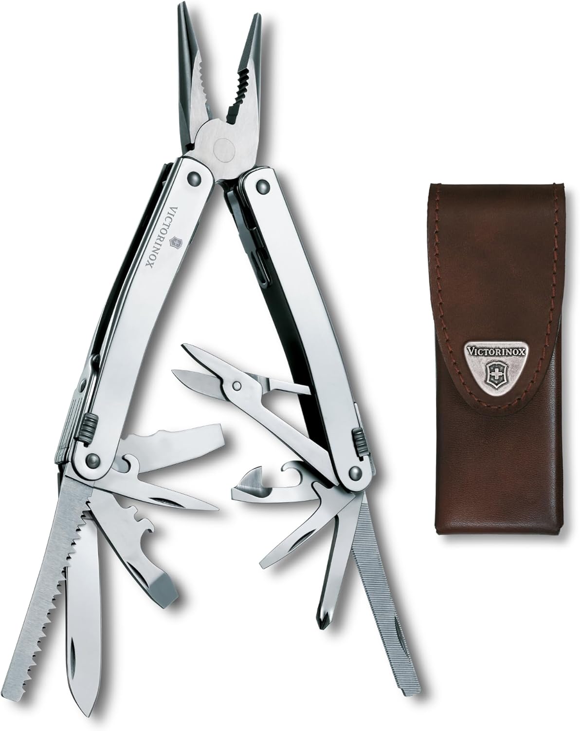 Victorinox Swiss Tool Spirit X Multi Tool, 24 Function Swiss Made with Locking Blade and Long-Nosed Pliers, incl. Leather Case - Silver