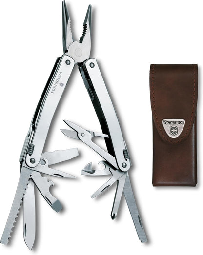 Victorinox Swiss Tool Spirit X Multi Tool, 24 Function Swiss Made with Locking Blade and Long-Nosed Pliers, incl. Leather Case - Silver