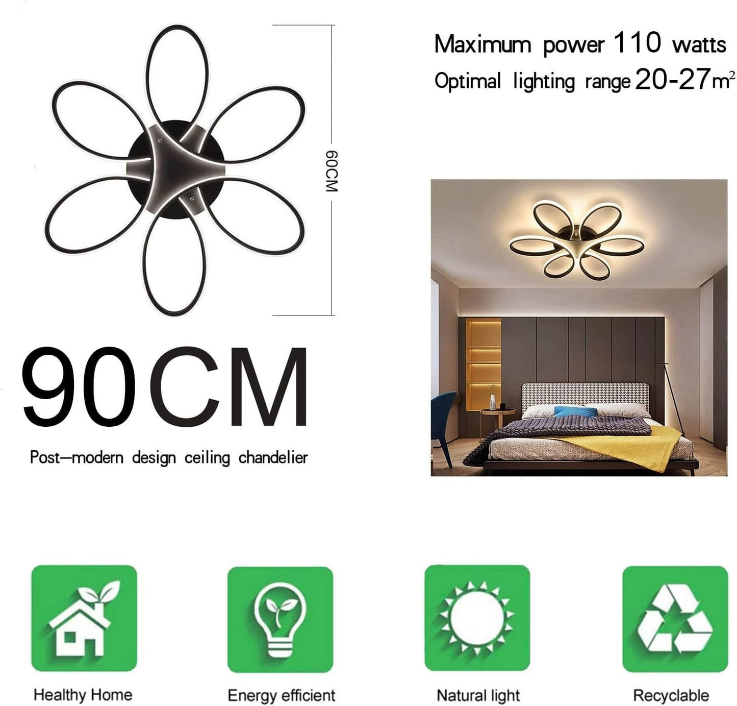 Modern LED Chandelier Lighting Ceiling Light Fixture Flush Mount Lamp for Living Room Bedroom Dining Room Study Room Kids Room Dimmable with Remote Control (Diameter 90CM)