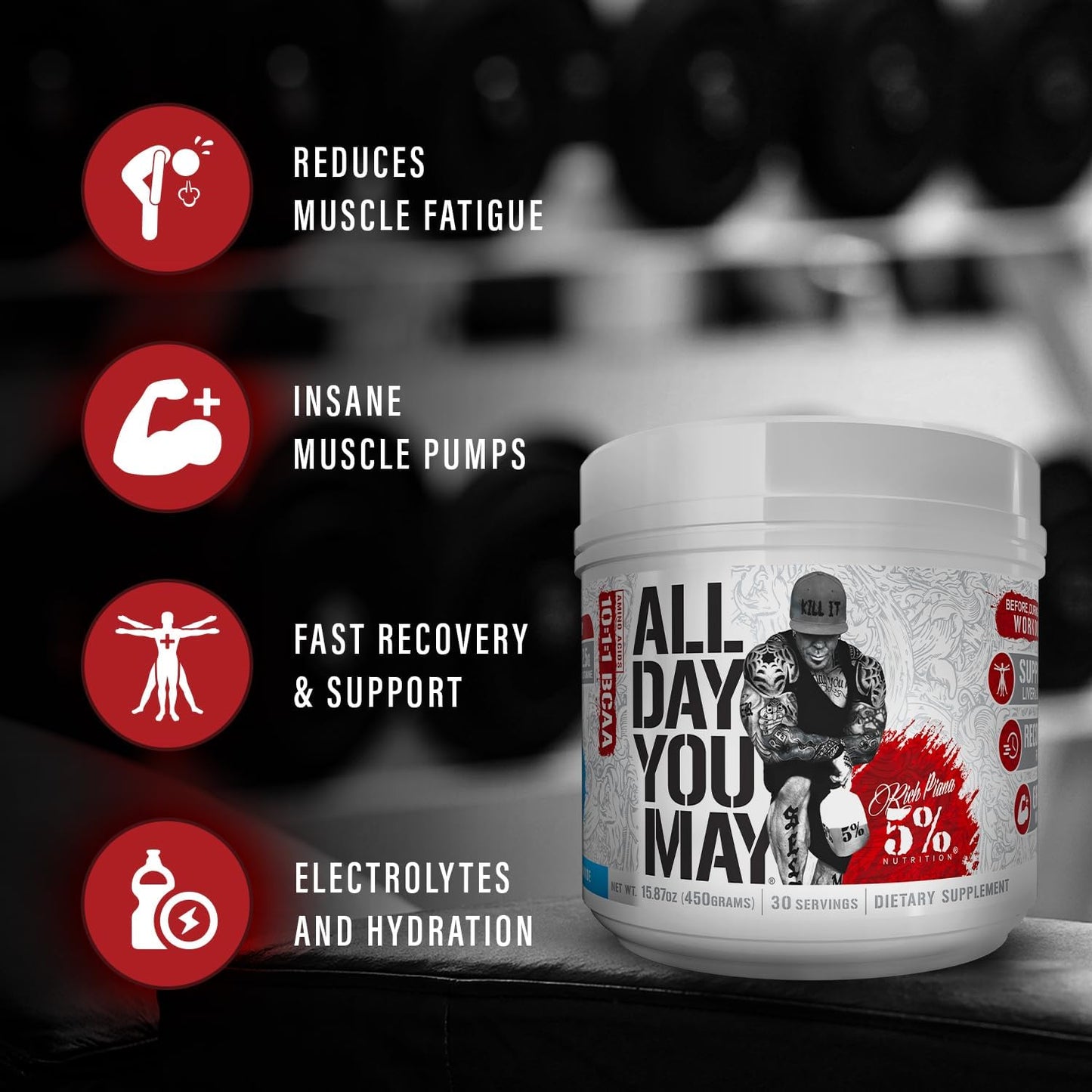 Rich Piana 5% Nutrition AllDayYouMay BCAA Powder, 9g Amino Acids | Elite Intra & Post Workout for Muscle Recovery, Hydration, Endurance, Joint & Liver Support (Push Pop)