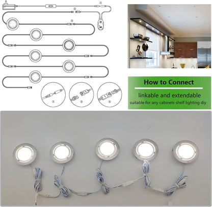 Smart Puck Lights 2700k-6500k Dimmable Under Cabinet Lighting Round Works with Alexa,Google Home,APP & Remote,12V,2W/pc,Recessed Kitchen Lamp Plug In for Counter,Display Shelf,2.5In Cutout,6pcs,Sliver
