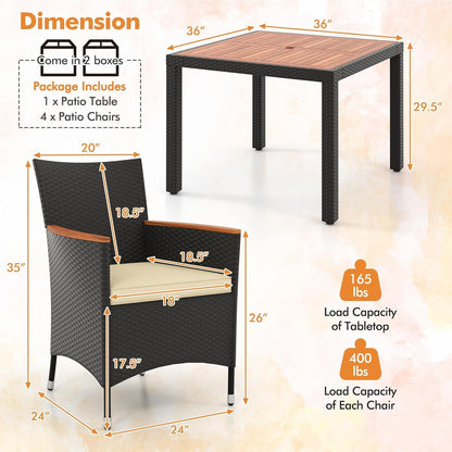ORALNER 5 Pieces Outdoor Dining Set, Wicker Dining Table and Chairs Set with Acacia Wood Table Top, Seat Cushions, Rattan Patio Dining Table Set for 4, Garden Yard Poolside Deck, Brown