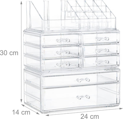 Relaxdays Make-Up Organiser with Drawers, Make-Up Holder and Accessories, Acrylic, Transparent