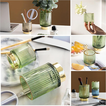 DASITON Makeup Brush holder Organizer,Crystal Cosmetic Makeup Brush Glass Brushes Storage Holder, Vintage Make Up Brush Cup Pen Pencil Holder striped vase(Green S+L）