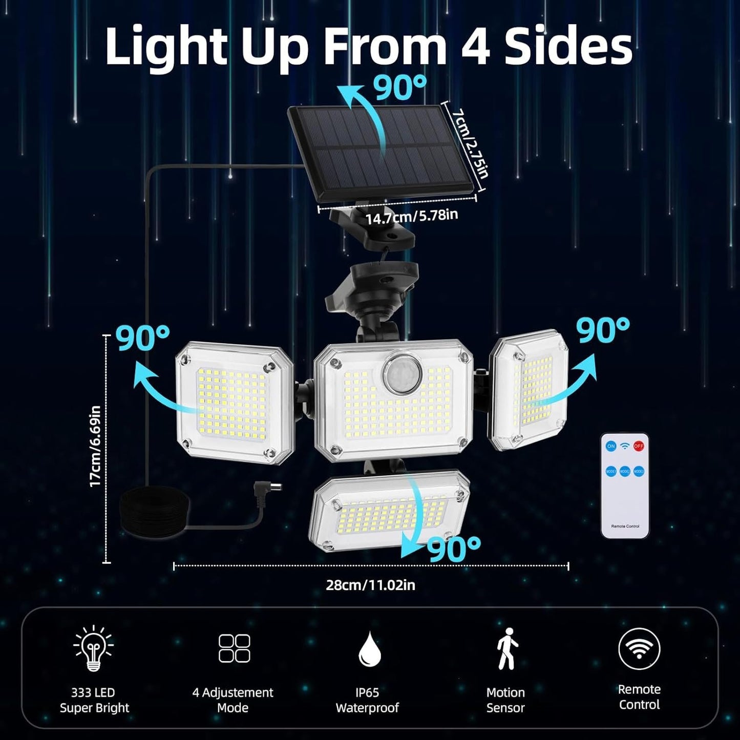 Solar Motion Sensor Light Outdoor-333LED Flood Light Motion Detection Solar Lights, 4 Heads 7000K 3600LM Security Lighting, 3 Modes with Remote Control and Waterproof for Garage Yard Entryways Patio