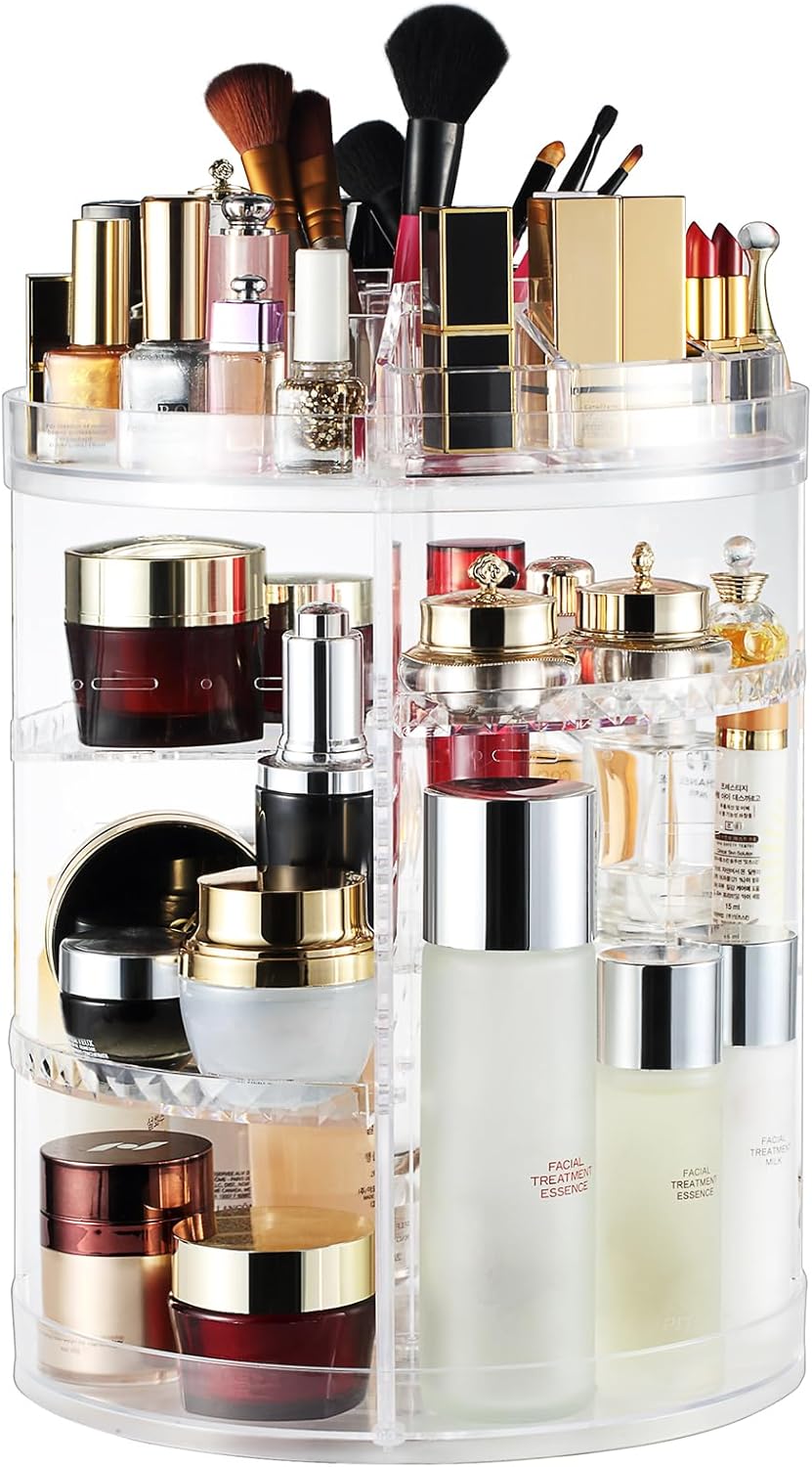AMEITECH Makeup Organizer, 360 Degree Adjustable Jewelry and Cosmetic Showcase, 8 Layers Make Up Storage Box – Crystal Clear