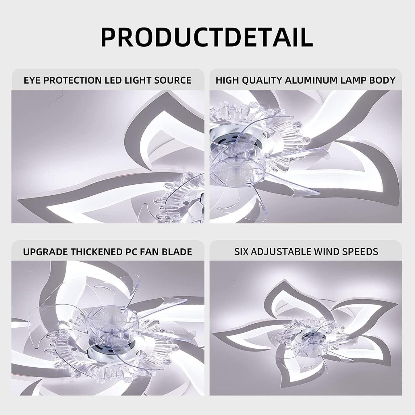 27.2‘’ Ceiling Fan with Lights and Remote Control, 5 Petals Modern Bladeless Flush Mount Fan Light, Low Profile 3 Switchable LED Light and Ultra Quiet 6 Gear Wind Speed, Ceiling Fan with Smart Timer