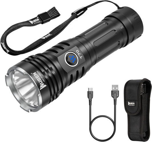 WUBEN T70 Rechargeable LED Torch, 4200 Lumens Super Bright Torch with Holster, USB-C Charging Torch with 6 Modes, IP68 Waterproof 5000mAh Flashlight for Camping, Searching, Hunting