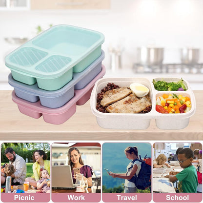 4 Pack Bento Lunch Box 3 Compartment Lunch Containers for Kids,BPA Free Plastic Divided Food Meal Prep Containers Reusable,for Schools,Work and Travel