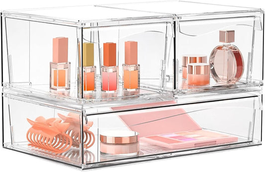 YIEZI 3 Pack Stackable Clear Drawer Organizer Bins Bathroom Organizers, Clear Plastic Storage Bins, Home Storage Organizer to Cosmetics, Makeup, Nail Art, Kitchen Under Sink Organization - Detachable
