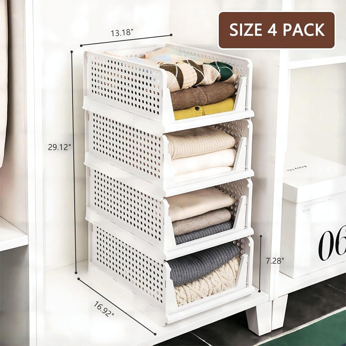 Stackable Plastic Storage Basket, Foldable Closet Organizers and Storage Bins, Drawer Organizer for Clothes, Storage Box for Wardrobe Kitchen Bathroom Office Dorm - 4 Pack L