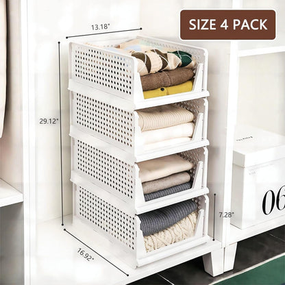 Stackable Plastic Storage Basket, Foldable Closet Organizers and Storage Bins, Drawer Organizer for Clothes, Storage Box for Wardrobe Kitchen Bathroom Office Dorm - 4 Pack L