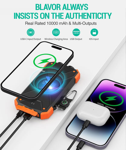 Solar Power Bank, Qi Portable Charger 10,000mAh External Battery Pack Type C Input Port Dual Flashlight, Compass (IPX4 Splashproof, Dustproof, Shockproof, Solar Panel Charging, DC5V/2.1A Input)