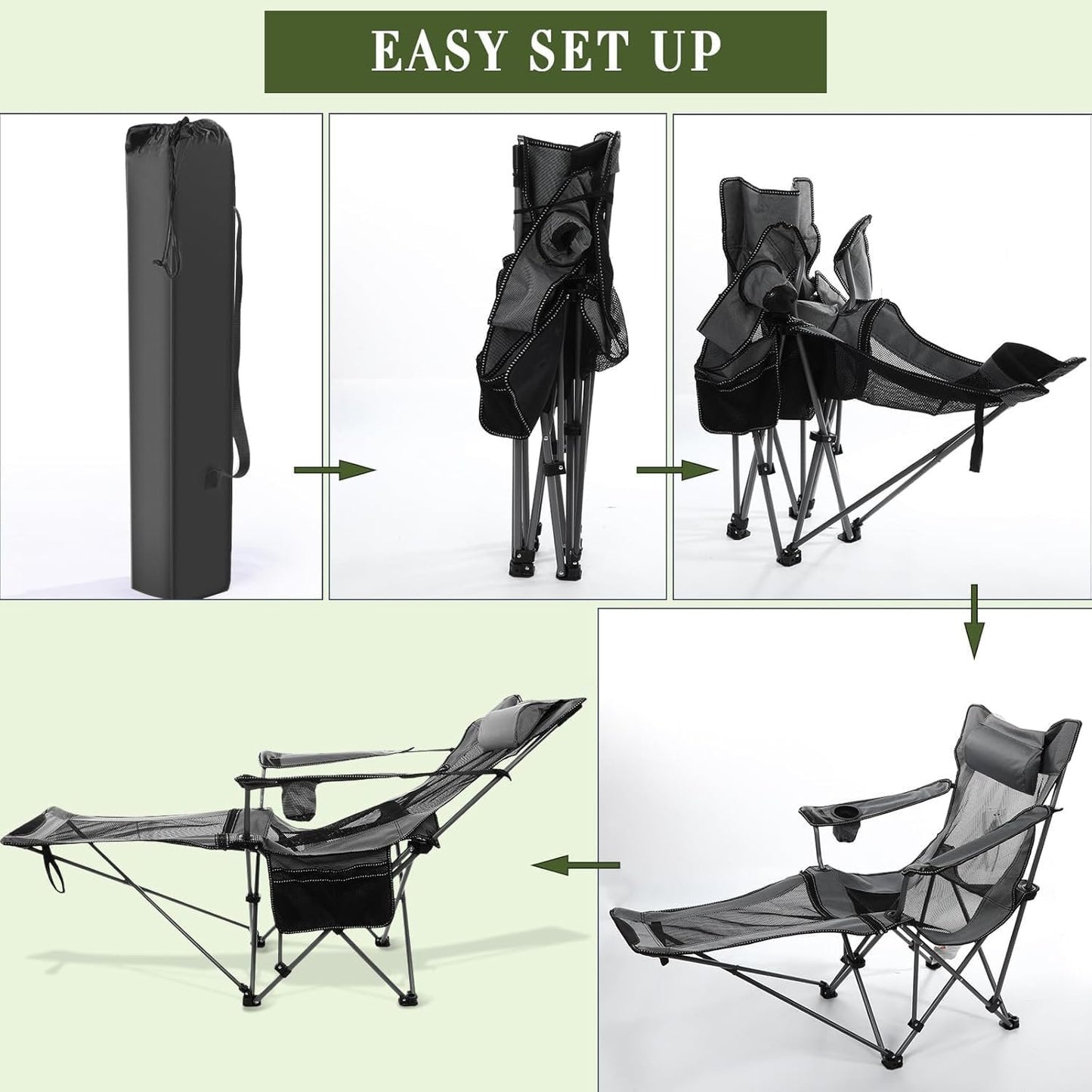 Dsocool Camping Chair Foldable Beach Chairs Adjustable High Back Lawn Chair Recliner Support 120KG with Cup Holder Pocket Carry Bag for Adult Outdoor Picnic Travel Fishing with Foot Pad (Grey)