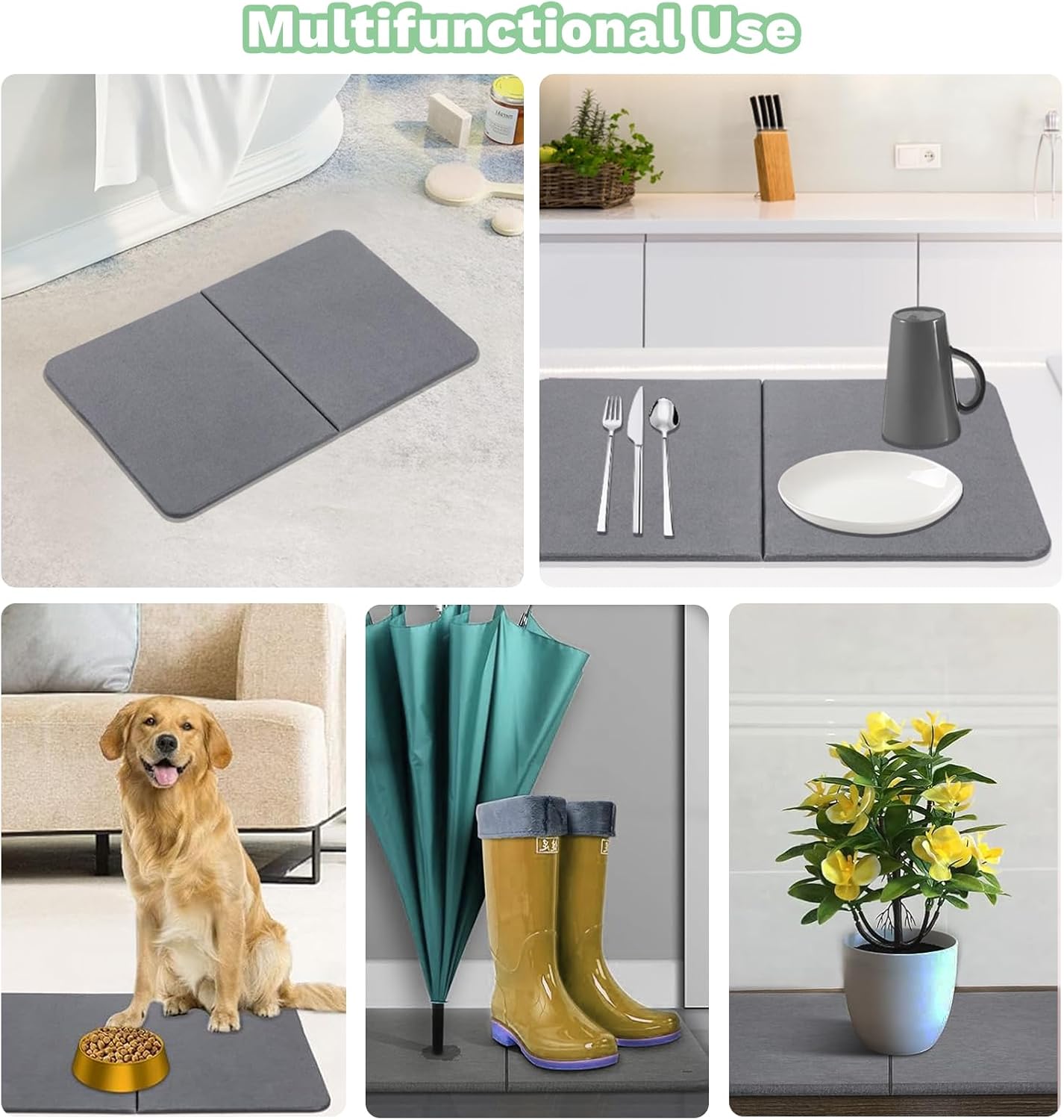 Stone Bath Mat, Natural Diatomaceous Earth Bath Mat, Non Slip Super Absorbent Quick Drying Diatomite Mat for Bathroom, Bathtub, Kitchen Counter, Both Sides Available with Cleaning Tool (Dark Gray)