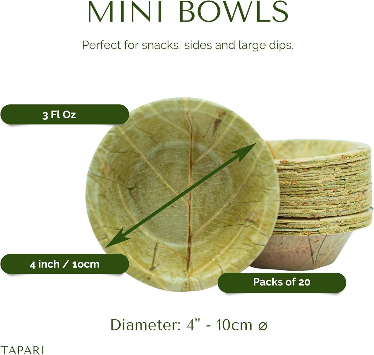 TAPARI Mini Disposable Bowls - 20 Pack Mini Bowls Made from Leaves - 10cm Diameter - 90ml - Natural & Eco-Friendly Bowls - 100% Compostable & Biodegradable Bowls for Parties Barbeques, Hot & Cold Food