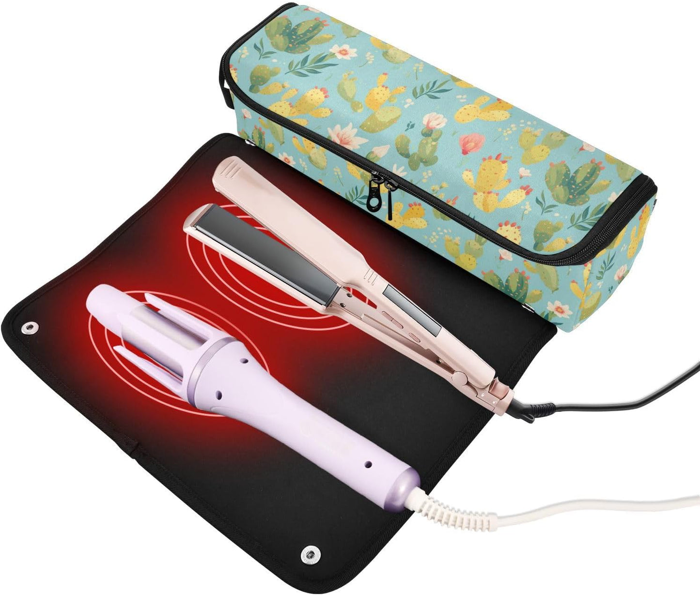 Little Cacti - Borsa da viaggio per attrezzi da capelli, con tappetino in ferro, grande, custodia da viaggio per piastre, piastre e arricciacapelli, portatile, essenziale da viaggio