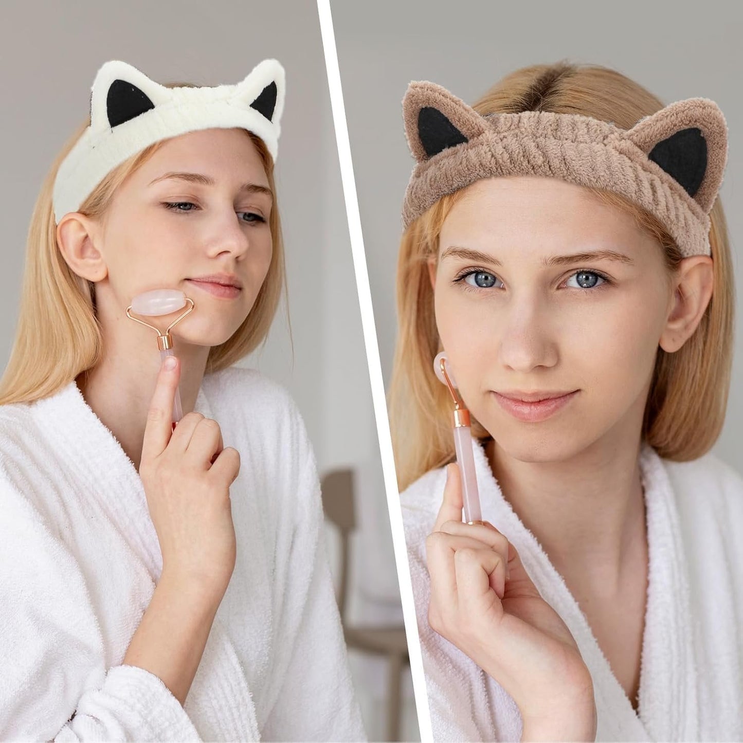 PalqwinduX 2Pcs Cat Ears Spa Headbands for Washing Face Makeup Skincare, Soft Coral Fleece Facial Wash Hair Accessories, Cute Animal Elastic Headband, Fuzzy Cartoon Hair Bands, Hairs Holder for Women