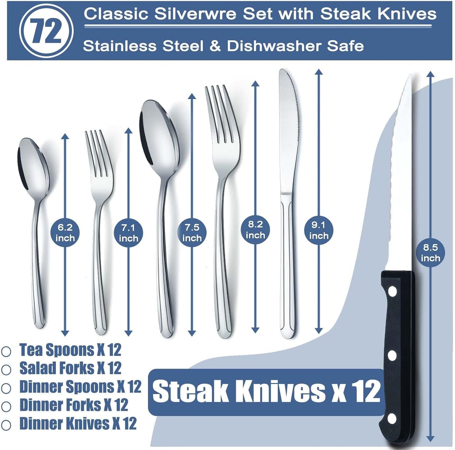 BEWOS 72 Pieces Cutlery Set for 12, Silverware Sets with Steak Knives, Stainless Steel Cutlery, Mirror Polished Flatware Set, Knife, Spoon and Fork Set, Silverware, Dishwasher Safe Utensil Set