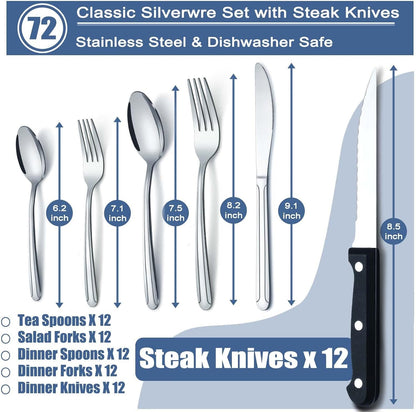 BEWOS 72 Pieces Cutlery Set for 12, Silverware Sets with Steak Knives, Stainless Steel Cutlery, Mirror Polished Flatware Set, Knife, Spoon and Fork Set, Silverware, Dishwasher Safe Utensil Set