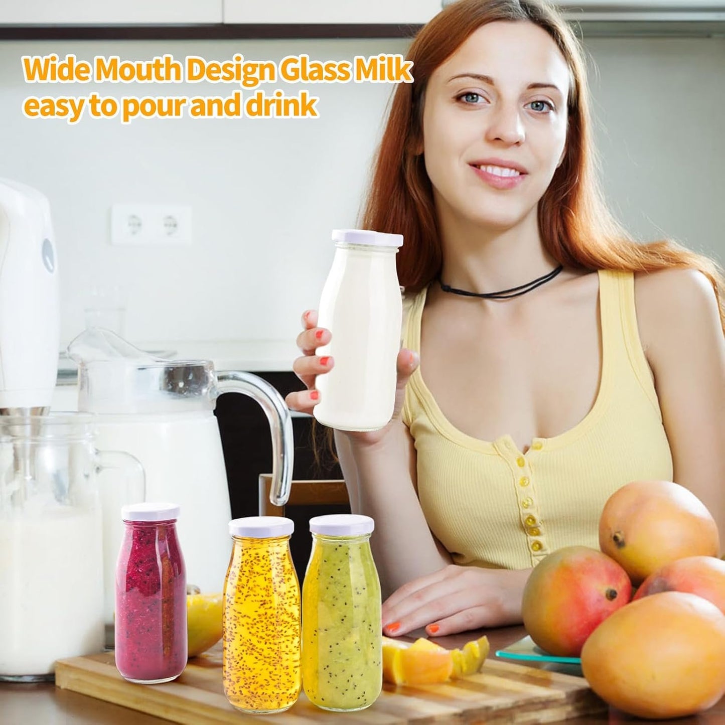 6Pcs 250ml Glass Milk Bottles with Lids, Small Glass Juice Bottles Reusable Glass Milk Jars Mini Milk Bottles with Lids，Glass Straws，Labels and Whiteboard Pen for Beverages, Weddings Decoration