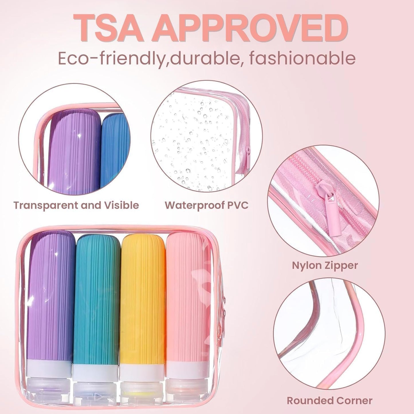 JIAXINGBING Travel Toiletry Bottles, 4pcs TSA Approved 90ml Silicone Travel Size Containers, Leak Proof, Transparent
