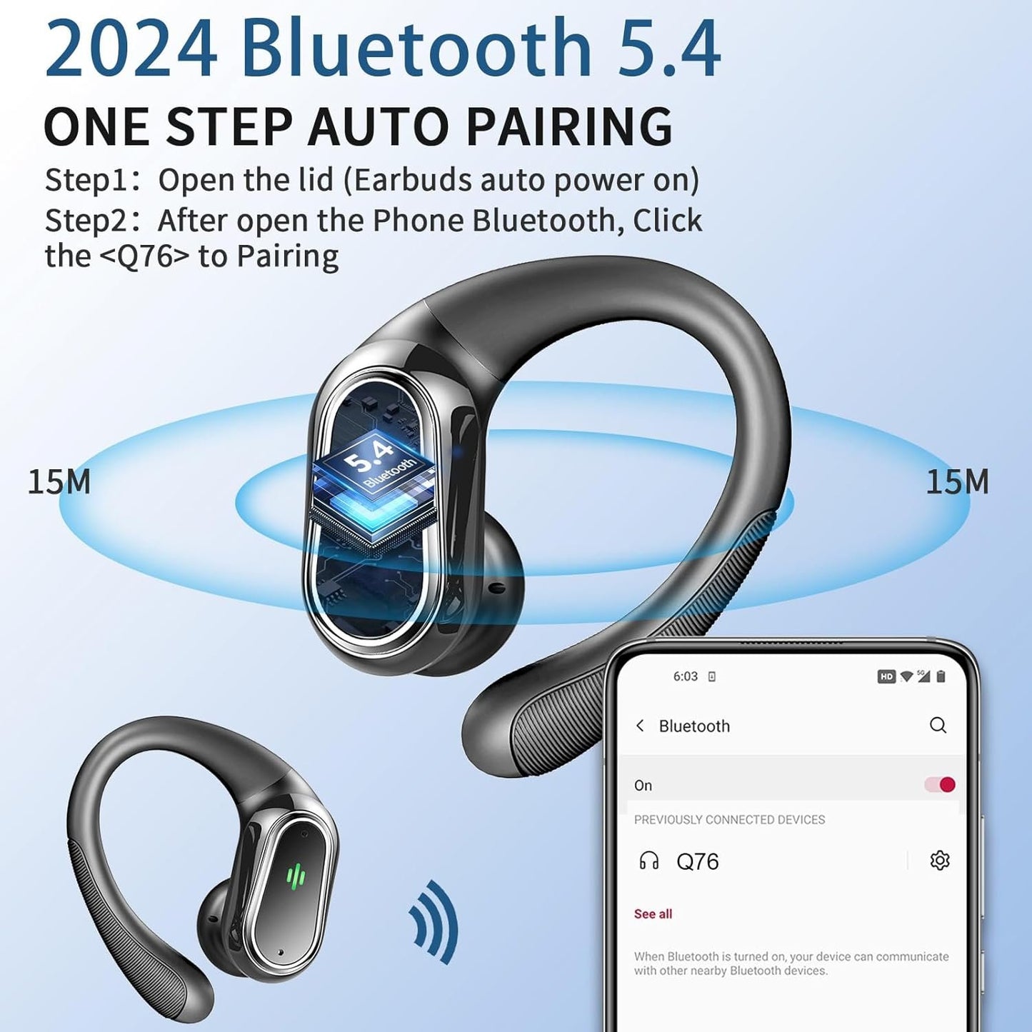 Wireless Earbuds, Bluetooth 5.4 Headphones Sport, LED Display Bluetooth Earbuds with ENC Noise Canceling Mic, 50H Stereo Wireless Headphones with Earhooks, IP7 Waterproof Ear Buds for Running/Workout
